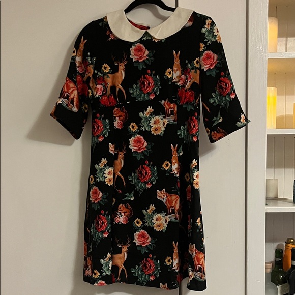 Hell Bunny Dresses & Skirts - Floral and Forest Creature Print Dress with White Peter Pan Collar
